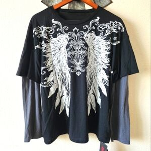 Romwe Grunge Punk Plus 2 in 1 Wings Print Tee, School Long Sleeve Shirt size L.